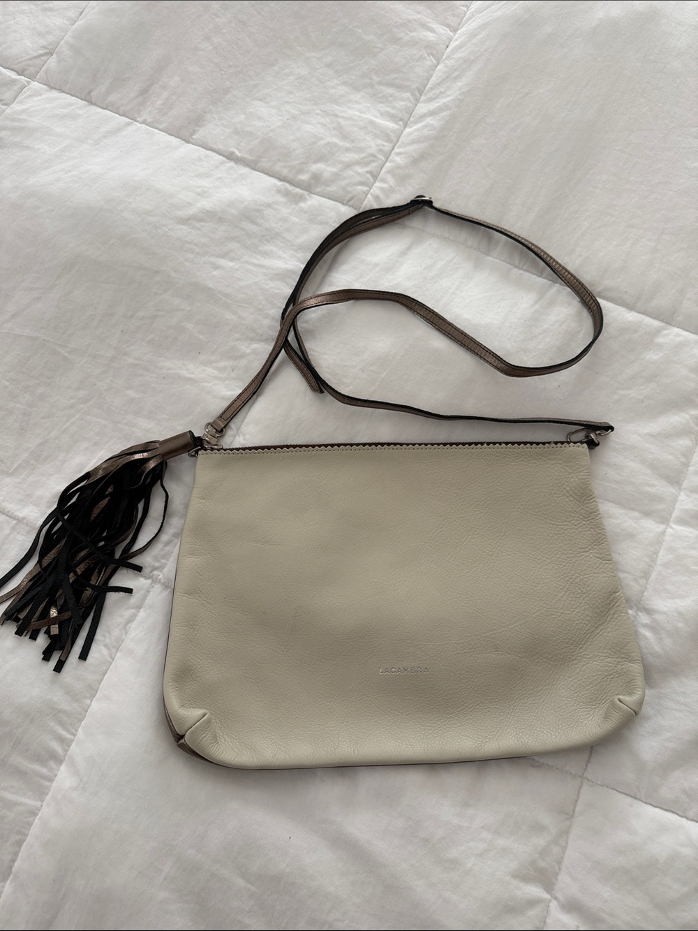 Cream Leather Crossbody Bag with Tassel